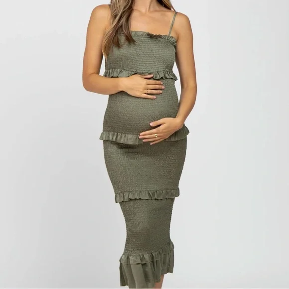 Pinkblush Olive Satin Smocked Fitted Maternity Midi Dress - Picture 3 of 3